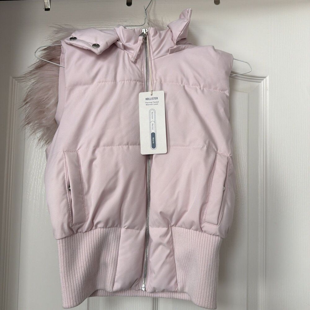 Hollister Pink Winter Coat Vest Removable Fur & Hoodie Fitted W/ Pocket Size XS